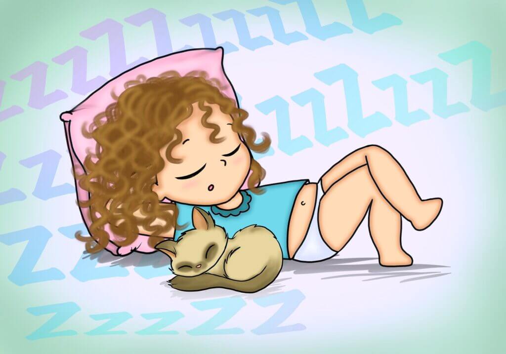 chat qui dort avec une petite fille