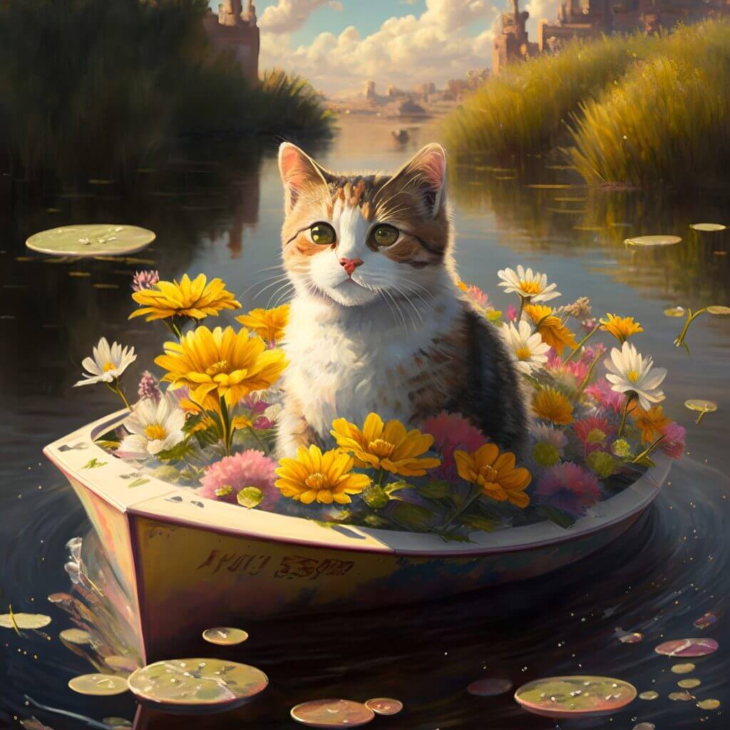 chaton dans un bateau avec des fleurs